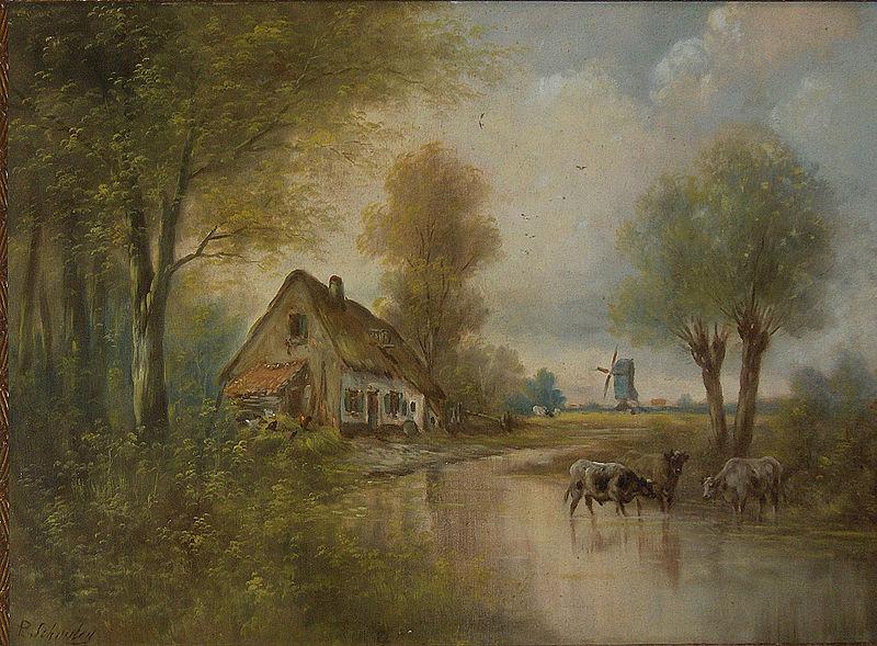 unknow artist Landscape with cows, small farm and windmill oil painting picture